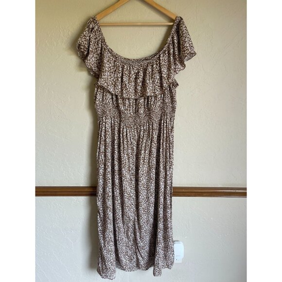 Old Navy 3X Brown White Ruffle Maxi Dress Geometric Beachy Boho Bohemian - Picture 2 of 7